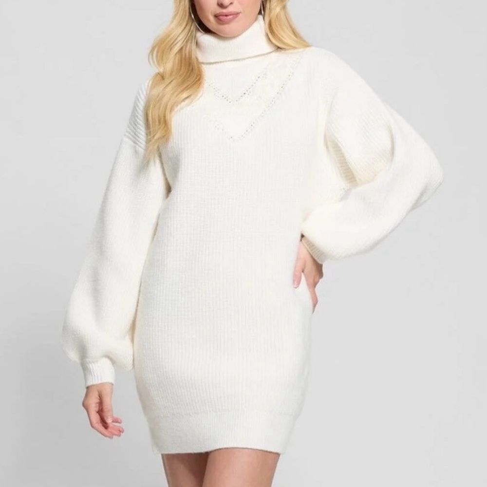🆕✨ GUESS Dove White Turtleneck Cable Knit long Sweater Dress XS / S Casual Cozy